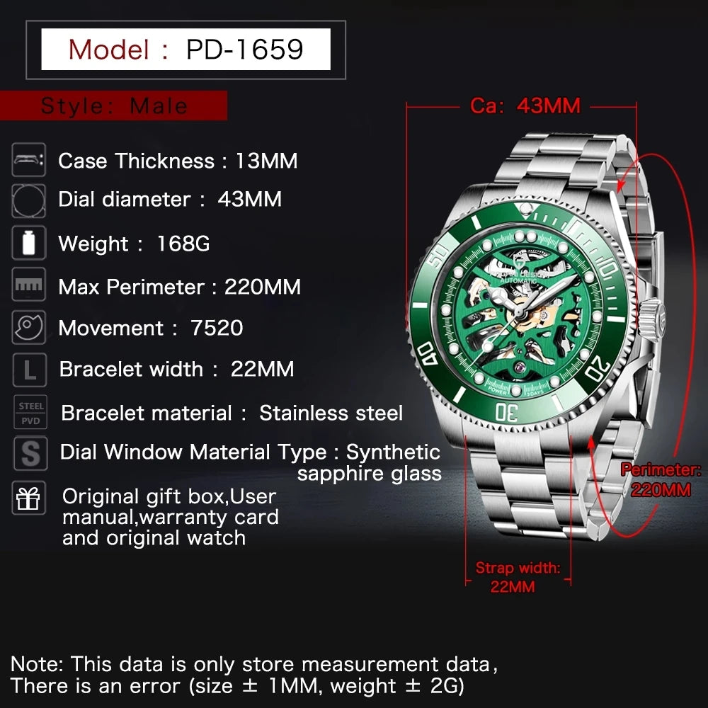 PAGANI DESIGN Men's Watch Stainless Steel Waterproof Mechanical 43mm | PD-1659