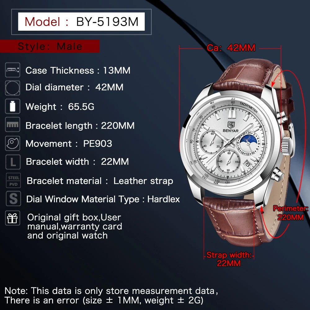 BENYAR Waterproof Stainless Steel Quartz Wristwatches 42mm | BY-5193