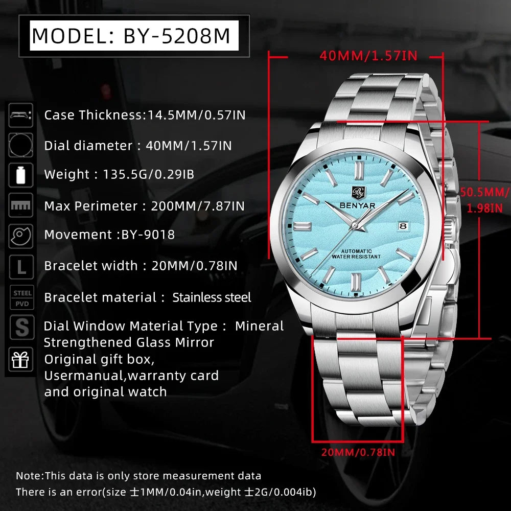 BENYAR Stainless Steel Waterproof Men's Automatic Mechanical Watch 40mm | BY-5208M