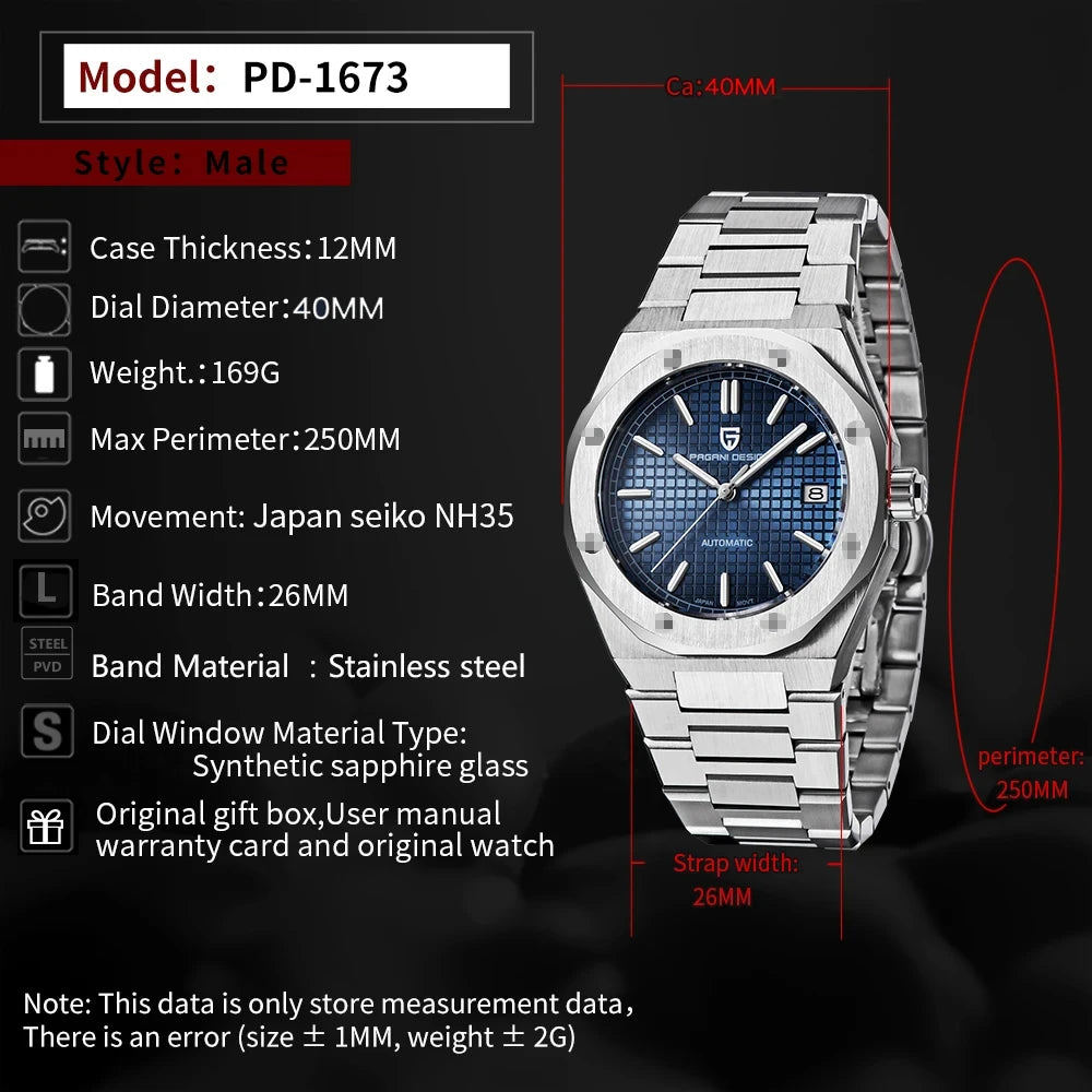PAGANI DESIGN Men's Automatic Mechanical Watch 40mm | PD-1673