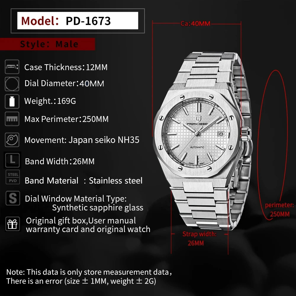 PAGANI DESIGN Men's Automatic Mechanical Watch 40mm | PD-1673