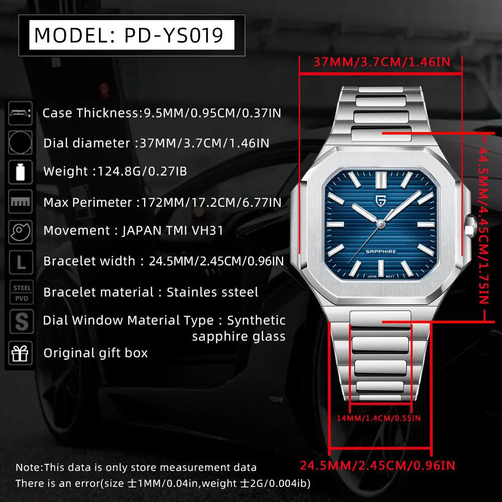 PAGANI DESIGN Square Quartz Sapphire Stainless Steel Watch 37mm | PD-YS019