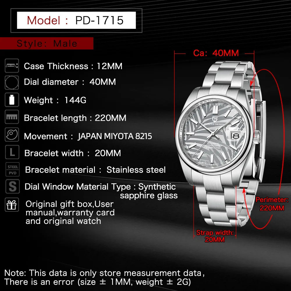 PAGANI DESIGN Palm Leaf Dial Calendar Mechanical Man Watch 40mm | PD-1715