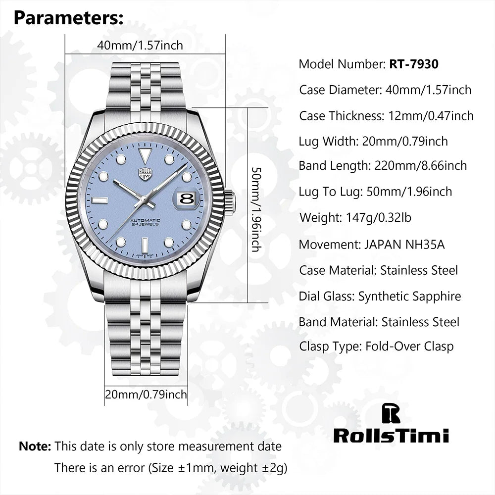 RollsTimi Men's Casual Mechanical Watch Luminous 40mm | RT-7930