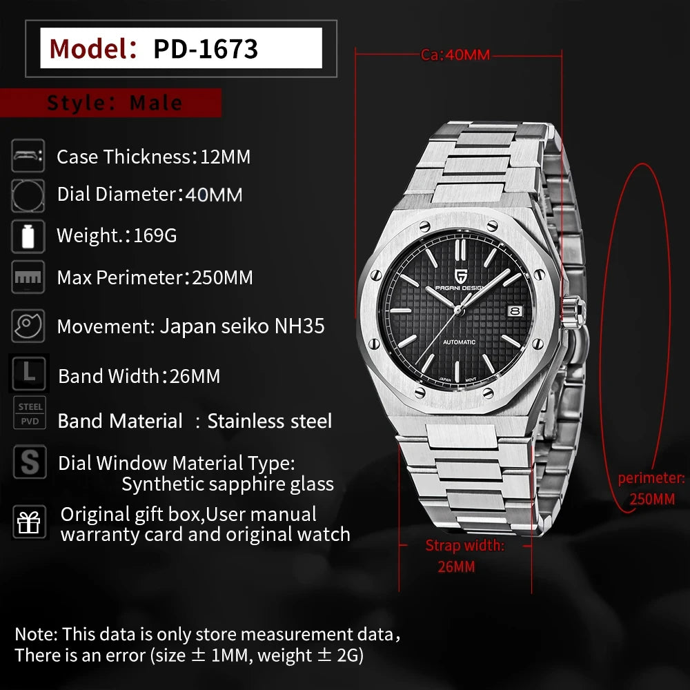 PAGANI DESIGN Men's Automatic Mechanical Watch 40mm | PD-1673