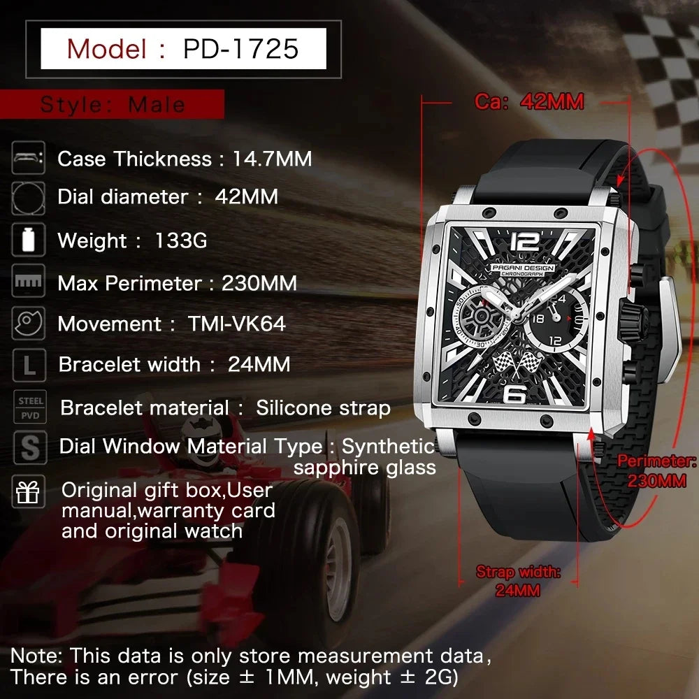 PAGANI DESIGN Watches Men Original Rectangles 42mm | PD-1725