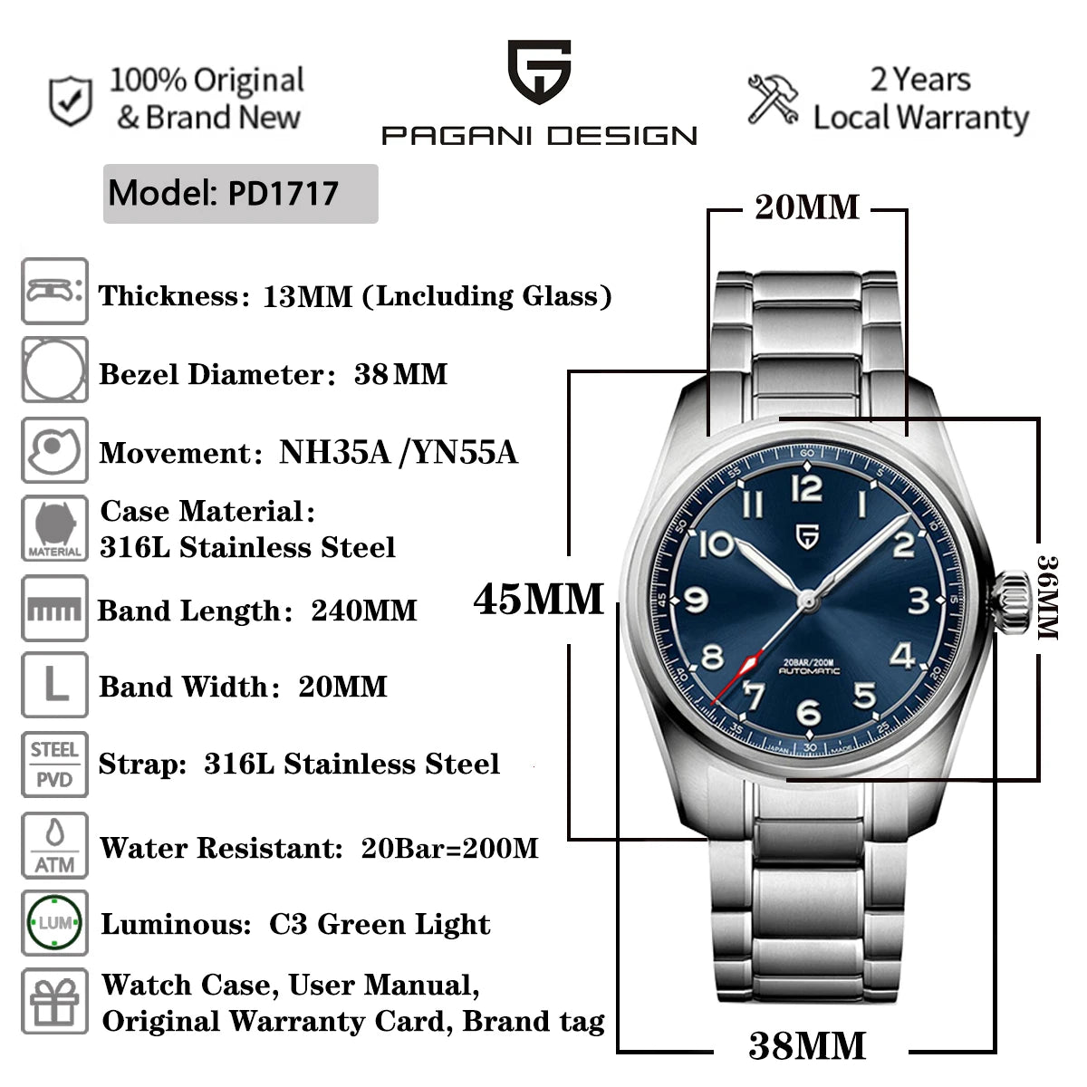 PAGANI DESIGN Men's Pilot Automatic Mechanical Watch Nh35A 38mm | PD-1717