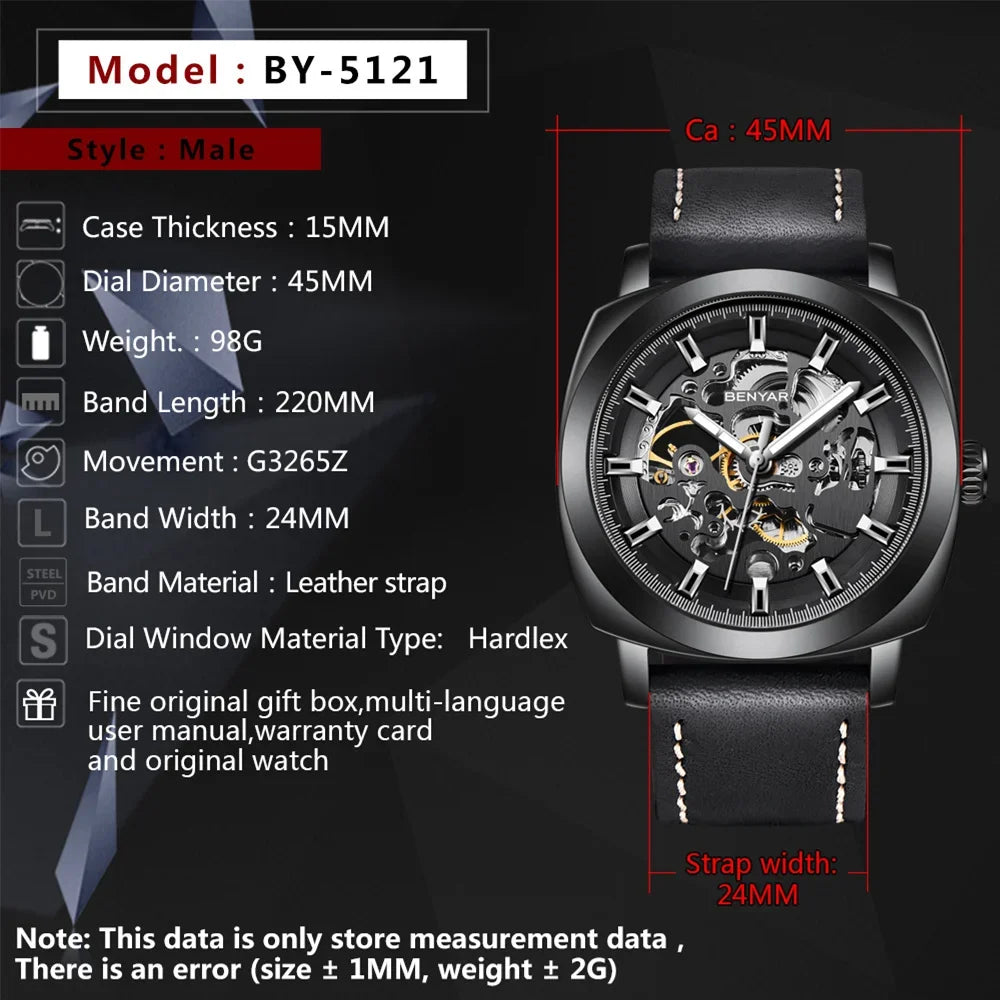 BENYAR Watch for Men Skeleton Tourbillon Automatic Mechanical 45mm | BY-5121