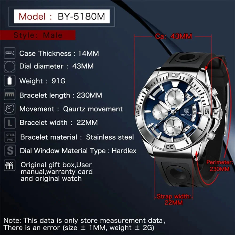 BENYAR Watch Men Sport Quartz Male Chronograph Date 43mm | BY-5180