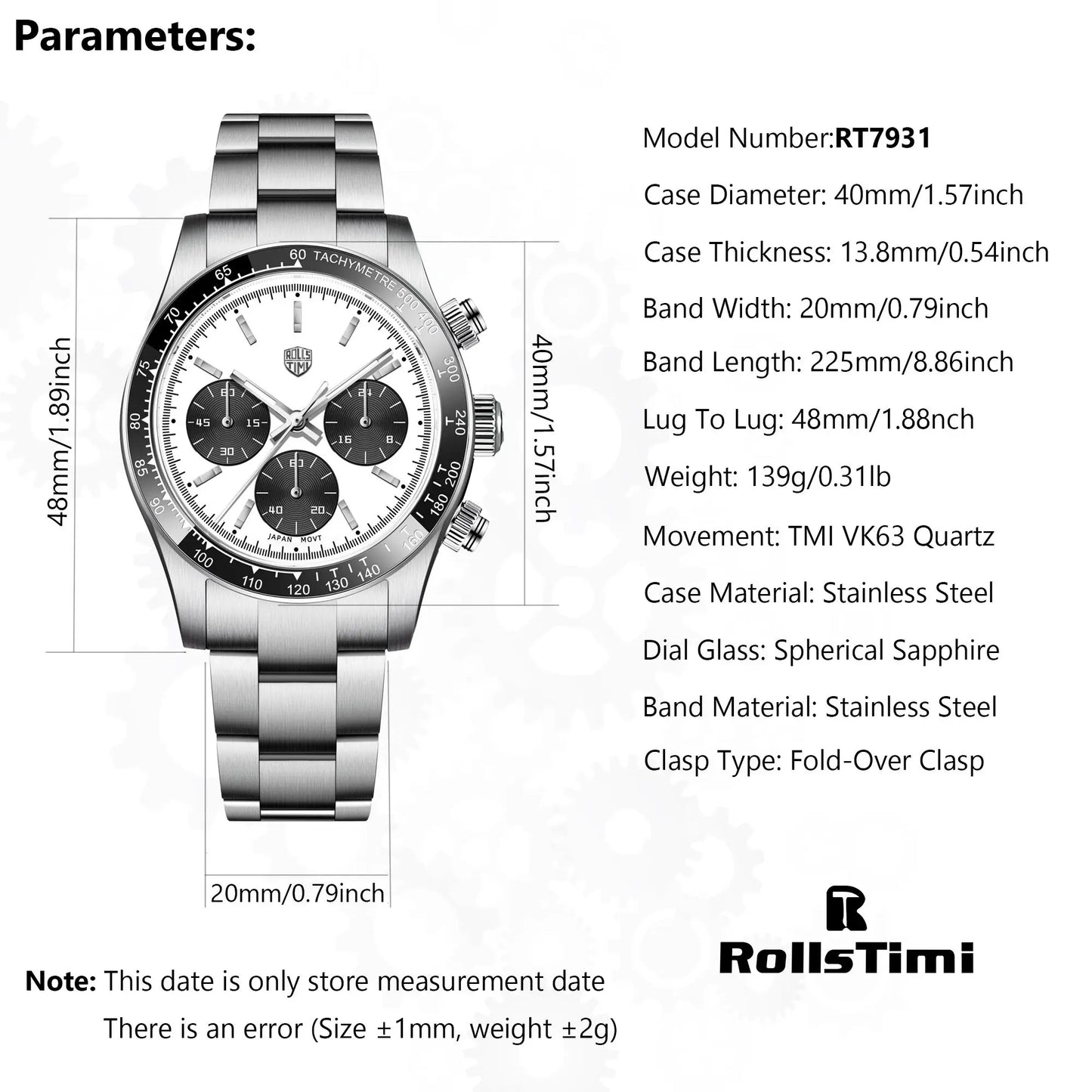 RollsTimi Retro Chronograph Quartz Watches Luxury 40mm | RT-7931