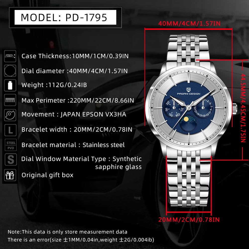 PAGANI DESIGN Men's Quartz Watch Multifunctional with Moonphase 40mm | PD-1795