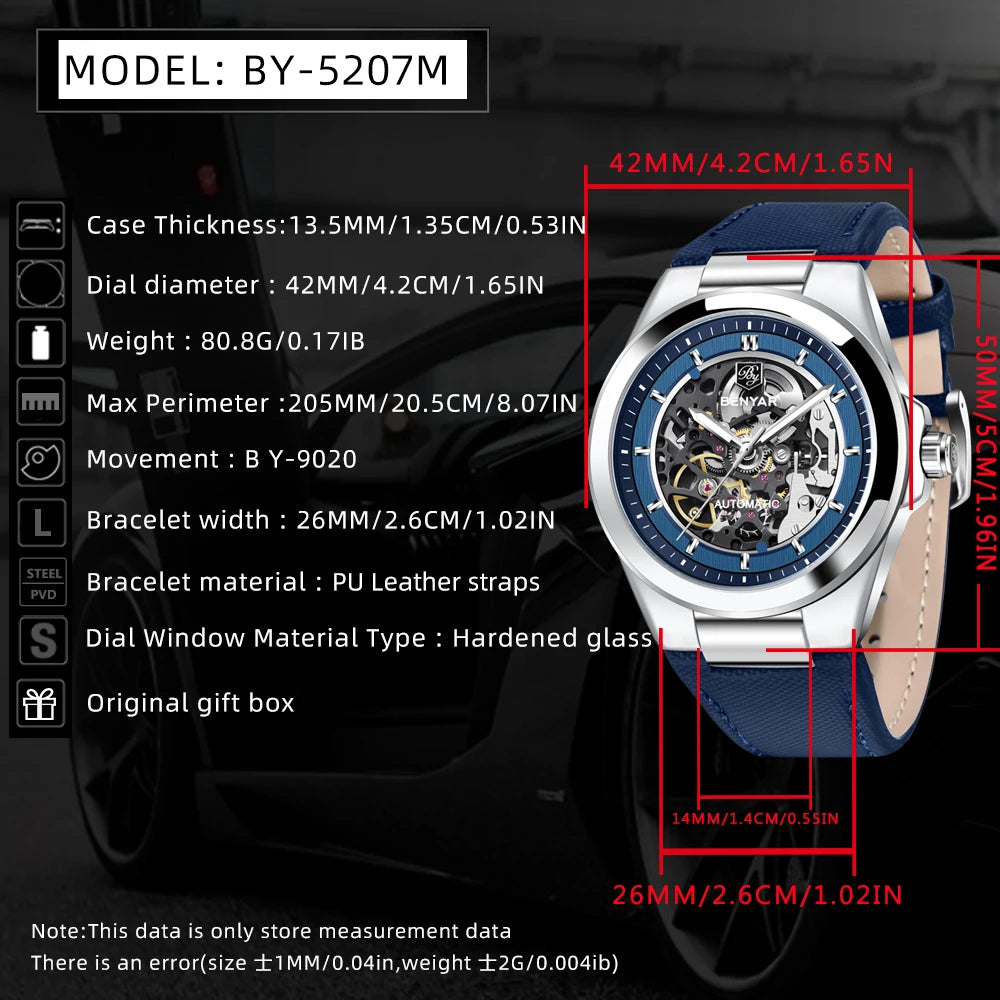 BENYAR New Skeleton Automatic Mechanical Fashion Classic Watch 42mm | BY-5207M