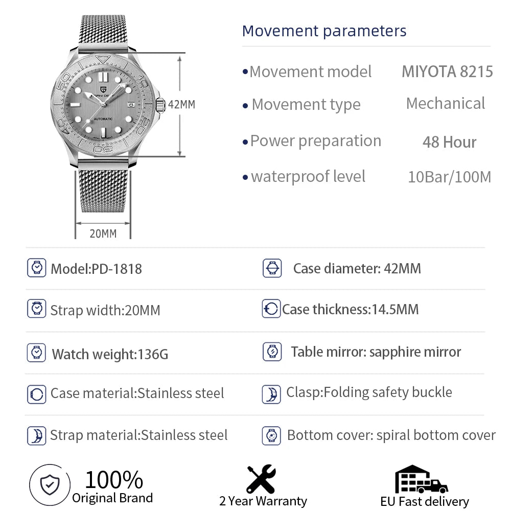 PAGANI DESIGN Embossed Diving Bezel Automatic Watch For Men 42mm | PD-1818