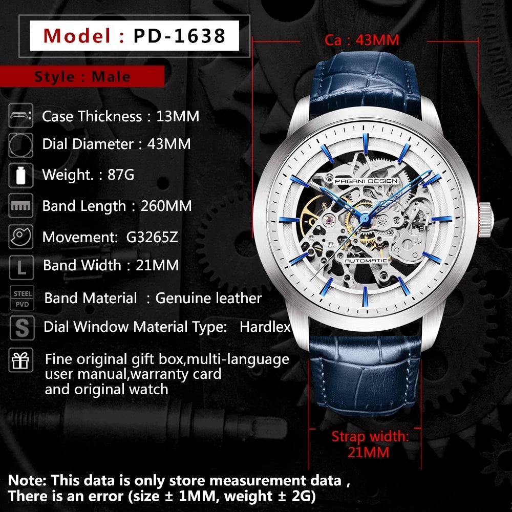 PAGANI DESIGN Hollow Leather Automatic Mechanical Skeleton 43mm | PD-1638