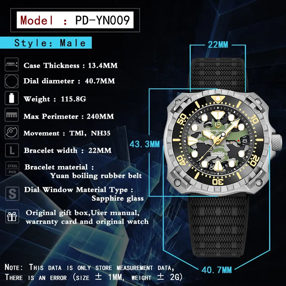 PAGANI DESIGN Military Men's Camouflage Hollow Dial Automatic 40.7mm | PD-YN009